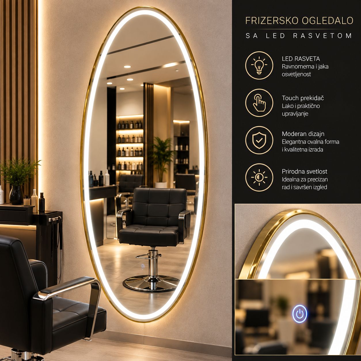 gold ogledalo FRIZERSKO OGLEDALO GOLD OVAL 180X90 - Slika 1